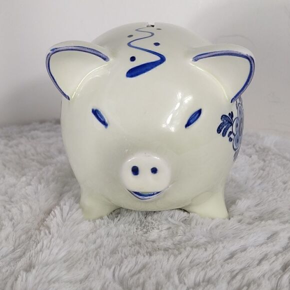 Vtg. Delft Blue Windmill Floral Piggy Bank - Picture 5 of 8